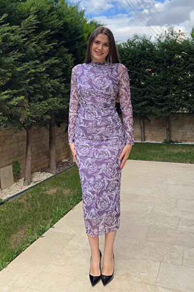 Sorridi Desenli Bisiklet Yaka Drapeli Tül Maxi Elbise