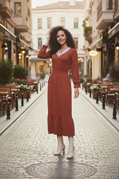 Avones Дамска плетена рокля с V-образно деколте, дълъг ръкав, от вълна и вискоза, с дължина до коляното