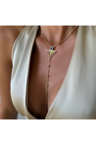 AychaAksesuar Çelik mavi taşlı topçuk zincirli yelpaze model uzun altın renk ...