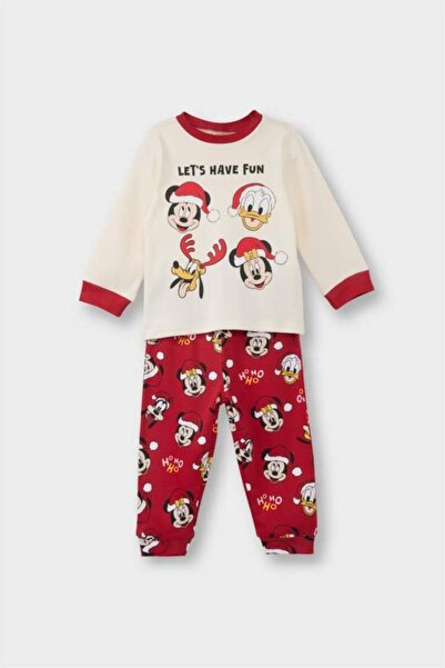 DeFacto Baby Boy Disney Mickey & Minnie Christmas Themed Pajama Set Long Sleeve Top Long Bottom (25 Wn)