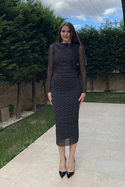 Sorridi Rochie midi cu mânecă lungă și decolteu tip crewneck din tul drapat