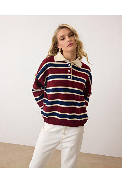 Ayinsu Burgundy - Retro Thick Striped Buttoned Polo Neck Knit Sweater