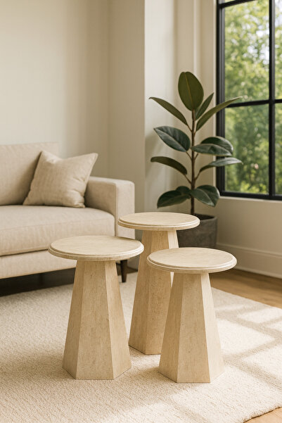 eflora Traverten MDF 3’lü Prizma Zigon Sehpa Seti