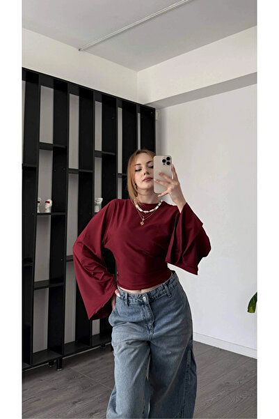 MetuCA Bluză crop din neopren pentru femei, bordeaux, cu guler înalt, cu mâne...