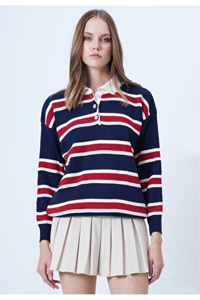 DAMGA Collection Women's Clothing Knitwear Polo Neck Striped Pattern Sweater