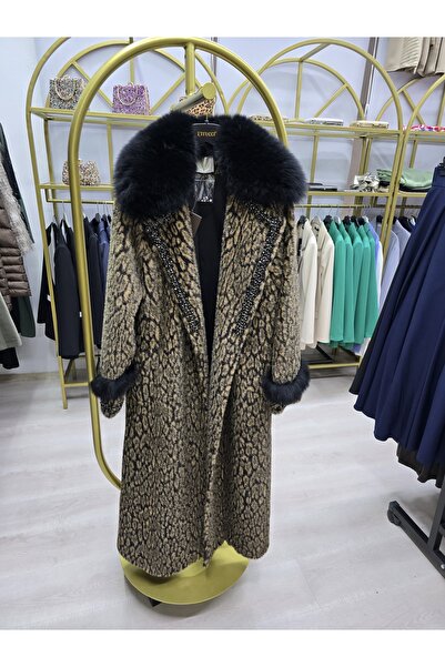 Omka Moda Kadın Premium Leopar Taş İşlemeli Suni Kürk Kaban