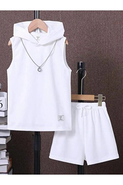 LUSHN طقم تي شيرت بقلنسوة بدون أكمام مطبوع عليه علامة للجنسين مع شورت