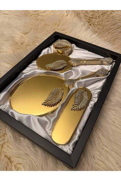 cherry queen Set de mireasă cu detalii din frunze de cristal auriu – Set de machiaj cu perie și pieptene cu oglindă – Cutie cadou de lux pentru poșta de mireasă