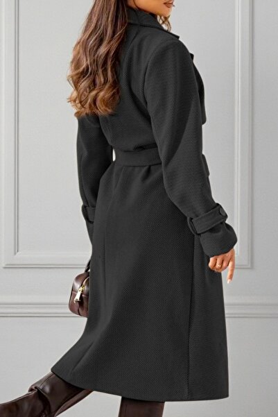 FashionForYou Office overcoat, with VITTORIA buttons and matching drawstring, Black, Size S/M