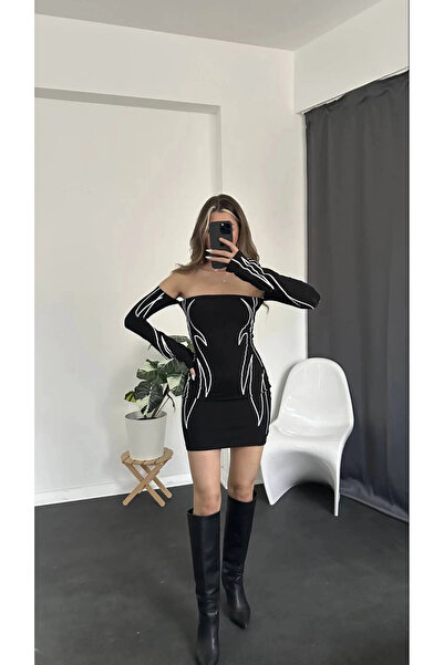 MetuCA Γυναικείο μαύρο φόρεμα χωρίς στράπλες με μοτίβο φλόγας με χωριστά μανί...