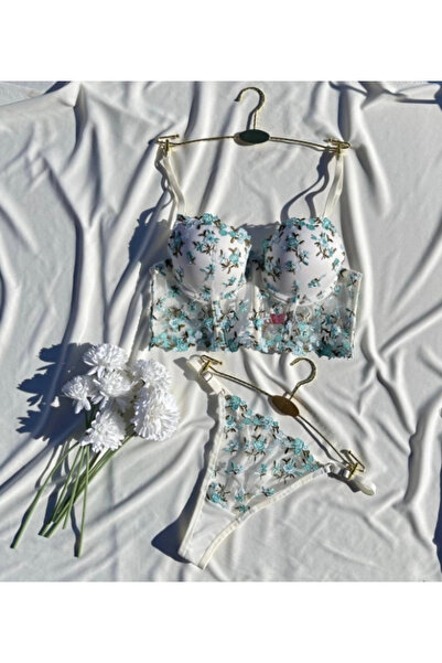 ARONA Women's Supported Bustier Set Green Floral Pattern on White