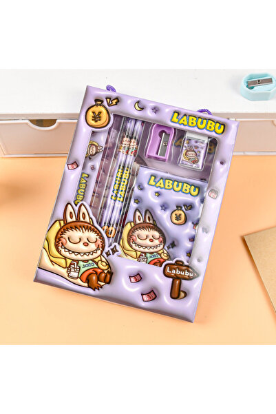 synshop Labubu Mor Kırtasiye Seti 2 Adet Kurşun Kalem Not Defteri Kalemtraş S...