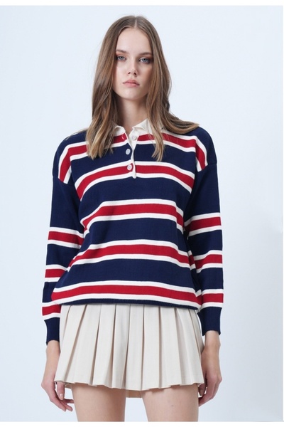 DAMGA Collection Women's Clothing Knitwear Polo Neck Striped Pattern Sweater