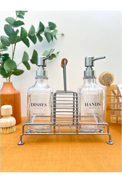 Genel Markalar Gri Kulplu Standlı 2'li Cam Sabunluk Seti Metal