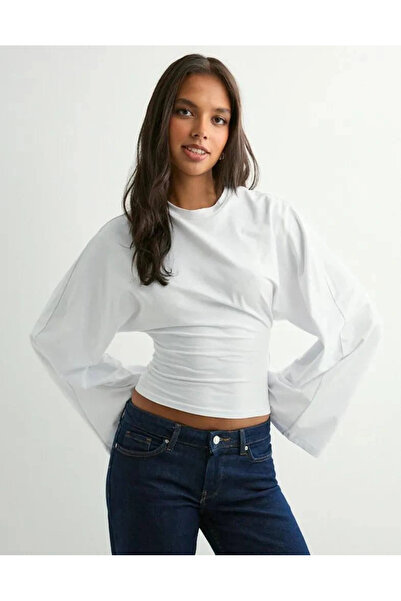 MetuCA Bluză crop din neopren pentru femei, albă, cu guler înalt, cu mâneci l...