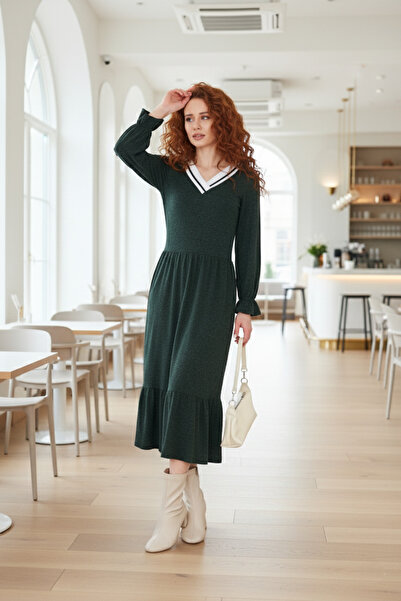 Avones Women's Knitwear V-Neck Long Sleeve Wool Viscose Midi Length Dress