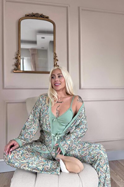 Pijamaevi Green Yellow Paisley Exclusive Knitted Women's Pajama Set with Robe