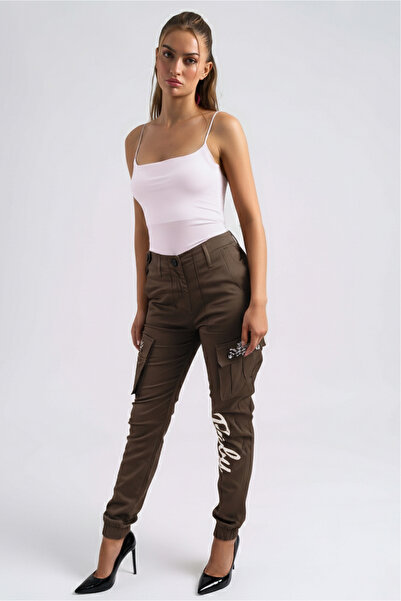 armonika Women's Khaki Pockets Stone Detailed Cargo Pocket Pants Arm-26K136020