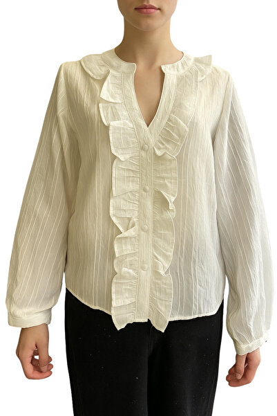 Qualia Butik قميص نسائي بياقة هاكم مزين بالكشكشة