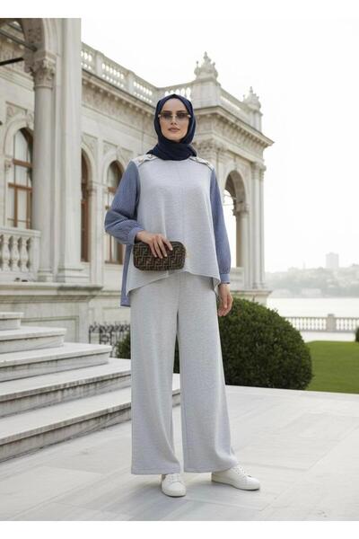 Aselim Hijap Moda Σετ Maribel Δύο τεμάχια – Ριγέ πουκάμισο με λεπτομέρεια γριμέναζ