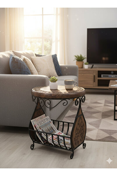 DNC Art&Deco 📚 El Oyması Ahşap & Ferforje Gazetelikli Yan Sehpa / Zigon (Ota...