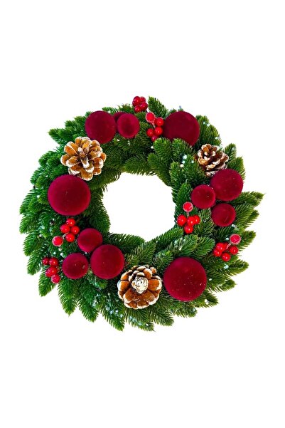 velve Red Velvet decorative wreath, made of fir, with burgundy velvet balls, cones and cranberries