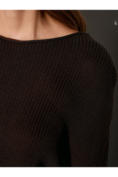 Dilvin 10804 Πλεκτό πουλόβερ με λαιμόκοψη καγιάκ-Σκούρο καφέ