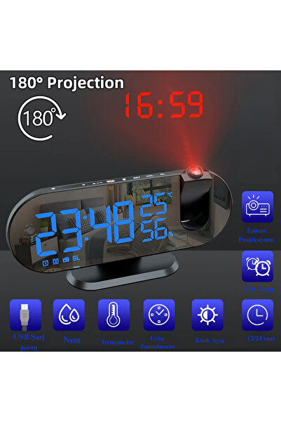 GreaTech Çok Foksiyonlu LED Projeksiyonlu Dijital Alarm Saati Sıcaklık Nem Gö...