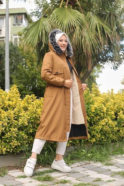 Vibeys Collection Tan Fur Lined and Waterproof Large Size Oversize Women's Winter Coat & Coat