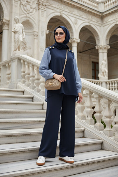 Aselim Hijap Moda Maribel Double Suit – Navy Blue with Striped Shirt Detail