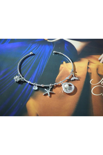 RengarenkAksesuar İstiridye incili Deniz Kabuklu Charm Gümüş Bileklik