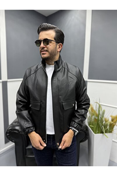 Avni Ceylan Modern Stand Collar Black Men's Leather Bomber Jacket