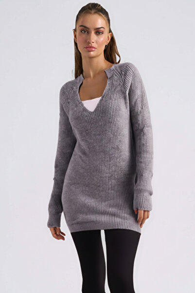 armonika Women's Gray V-Neck Knitwear Dress Arm-26K136054