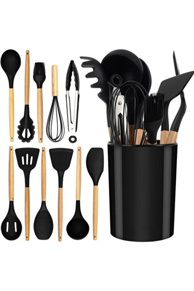 OEM Set of 12 Silicone Cooking Utensils with Durable Bamboo Handles and Holde...