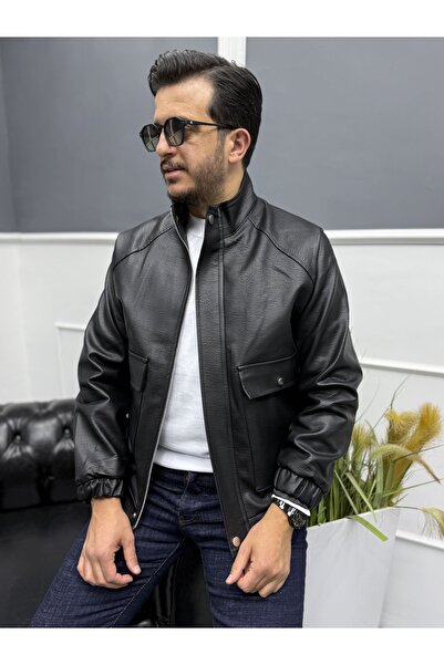 Avni Ceylan Modern Stand Collar Black Men's Leather Bomber Jacket