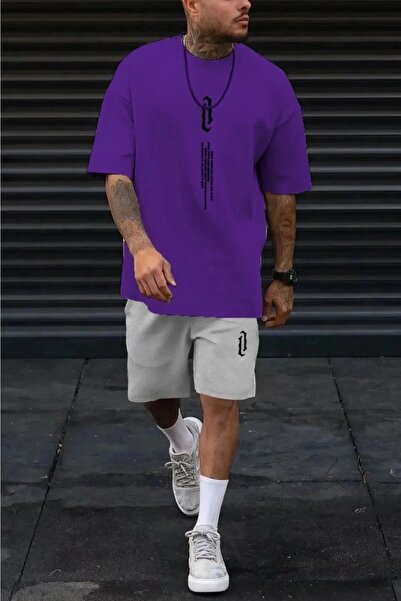 LUSHN Plus Size Vertical Slogan Every Printed Gray Shorts T-shirt Summer Suit