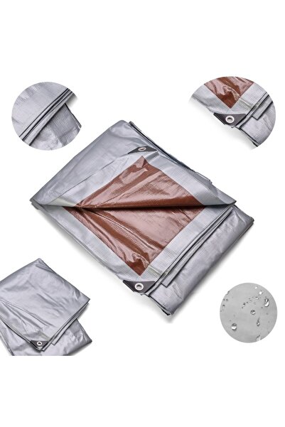 PROCART Tarpaulin 8x10 m, polyethylene 210g/sqm, waterproof, UV+ protection, with steel rings, silver brown