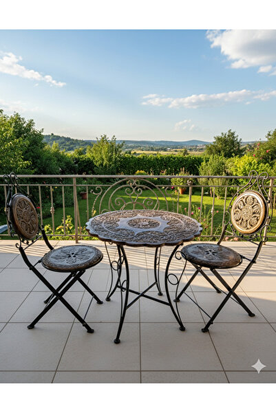 DNC Art&Deco El Oyması Ahşap İşçilikli Otantik Katlanır Bahçe/Balkon Seti - 2...