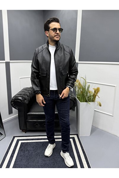 Avni Ceylan Modern Stand Collar Black Men's Leather Bomber Jacket