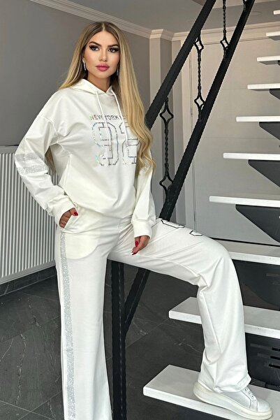 Bella Belluci Stone Printed Hooded Hoodie and Wide Leg High Waist Sweatpants Bottom Top Tracksuit Set 1649