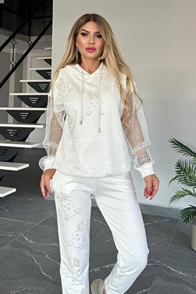 Bella Belluci Stone and Pearl Print Mesh Detail Hoodie and Skinny Leg High Waist Sweatpants Bottom Top Tracksuit Set 1646