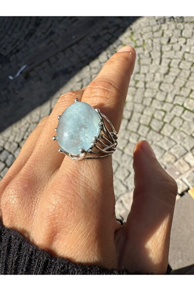 hayaltasari Doğal Akuamarin Taşlı Şık Model Gümüş Yüzük 925 Ayar