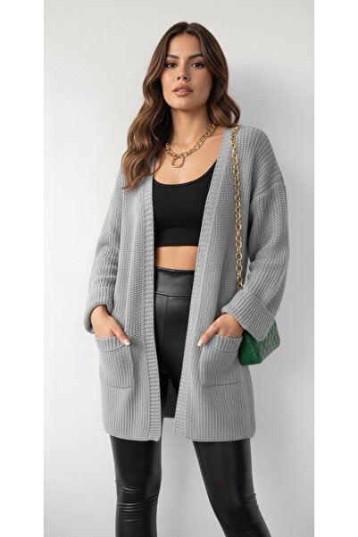 rushana سترة نسائية فضفاضة من التريكو مع جيوب قابلة للطي على الأكمام