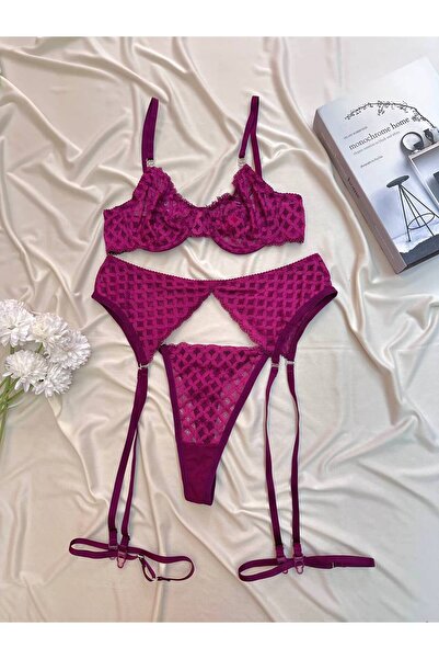 La Linaa Angel Transparent Lace Bra Panty Garter Set