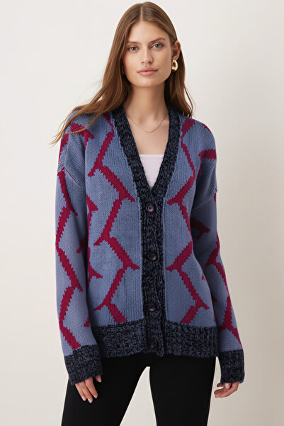 armonika Women's Blue V-Neck Buttoned Patterned Knitwear Cardigan Arm-26K136045