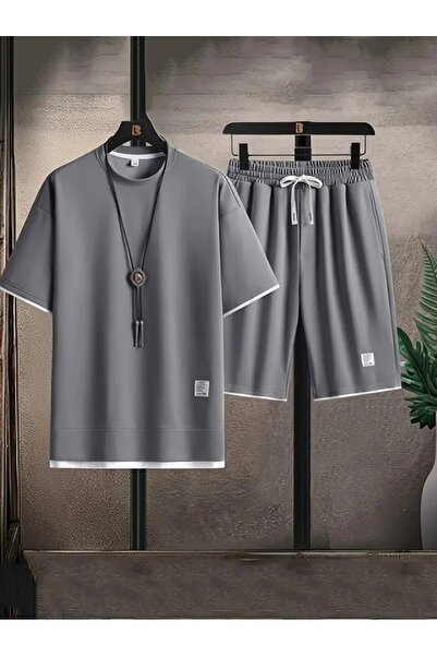 LUSHN طقم شورت تي شيرت بتفاصيل بيضاء من القطن بنسبة 100% للموسم الجديد للرجال