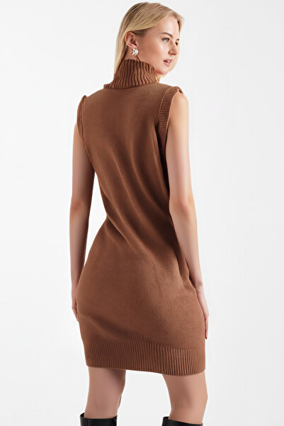 armonika Women's Camel Front Beaded Sleeveless Knitwear Dress Arm-26K136034