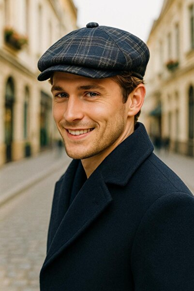 FELLMENS Lacivert Ekose Desenli Kaşmir Erkek Kasket Şapka