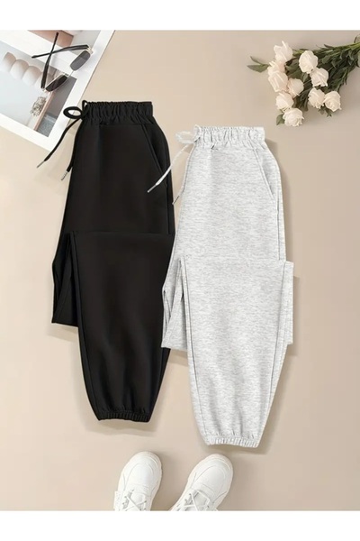 EXPECTED Unisex 2-Piece Transitional High Waist Elastic Black-Grey Sweatpants Jogger 2 Pieces