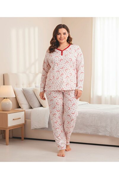LİLA İÇ GİYİM Battal Printed Report Interlock Crescent and Star Pattern Long Sleeve Pajama Set
